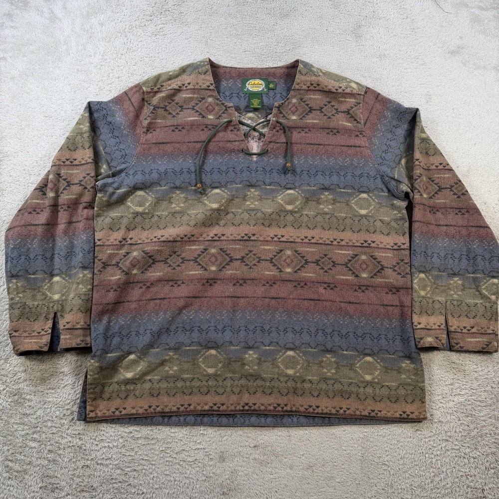 Vintage Cabelas Pullover Shirt Mens XL Aztec Southwestern Geometric Lace Up